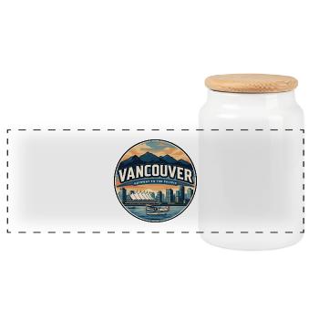 Retro Vancouver Harbour Travel Badge - Panoramic Cookie Jar with Wooden Lid - white - Front