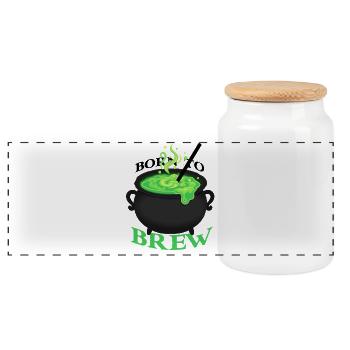Green Brew Pot Cartoon - Panoramic Cookie Jar with Wooden Lid - white - Front
