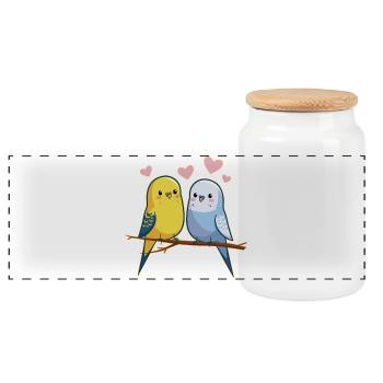 Budgies - Panoramic Cookie Jar with Wooden Lid - white - Front