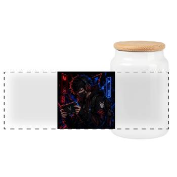 Neon Street Gamer in Anime Style - Panoramic Cookie Jar with Wooden Lid - white - Front