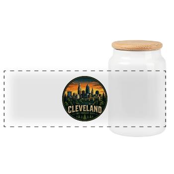 Cleveland The Forest City Retro Sunset Badge - Panoramic Cookie Jar with Wooden Lid - white - Front