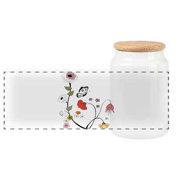Flowers with Butterfly - Panoramic Cookie Jar with Wooden Lid - white - Front
