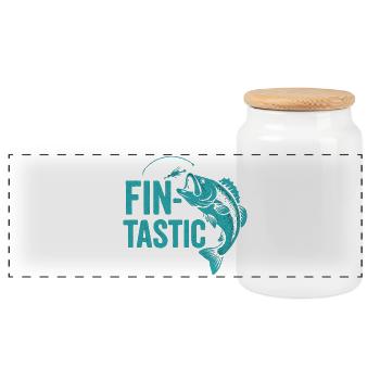 Fin-tastic! Funny Angler & Giant Fish Design - Panoramic Cookie Jar with Wooden Lid - white - Front