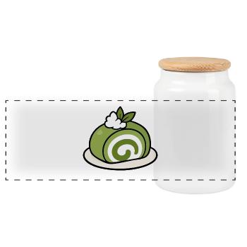 Kawaii Matcha Roll Cake Japanese Dessert - Panoramic Cookie Jar with Wooden Lid - white - Front