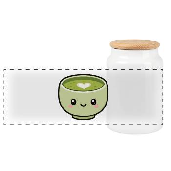 Kawaii Matcha Tea Cup With Heart - Panoramic Cookie Jar with Wooden Lid - white - Front