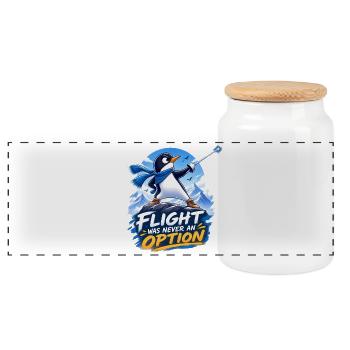 Brave Penguin – Never Give Up - Panoramic Cookie Jar with Wooden Lid - white - Front