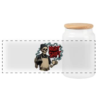 Night Shift Coffee – Barista Skeleton Night Shift - Panoramic Cookie Jar with Wooden Lid - white - Front