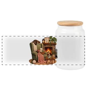 Cuddly knitting time by the fireplace knitting handmade - Panoramic Cookie Jar with Wooden Lid - white - Front