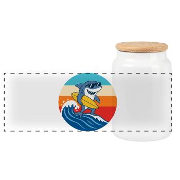 Retro Sunset Surf Cartoon Shark - Panoramic Cookie Jar with Wooden Lid - white - Front
