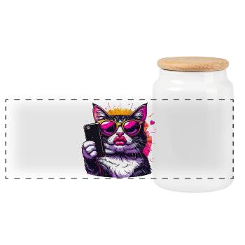 Cool Cat with Sunglasses – Selfie Cat Design - Panoramic Cookie Jar with Wooden Lid - white - Front