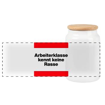 ARBEITERKLASSE KENNT KEINE RASSE, NIE WIEDER JETZT - Panorama Keksdose mit Holzdeckel - Weiß - Vorne