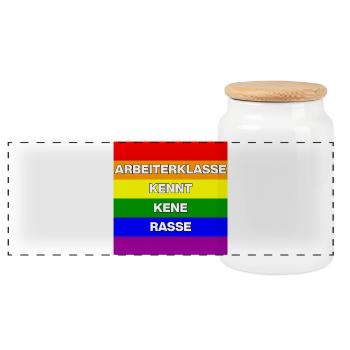 ARBEITERKLASSE KENNT KEINE RASSE, NIE WIEDER JETZT - Panorama Keksdose mit Holzdeckel - Weiß - Vorne