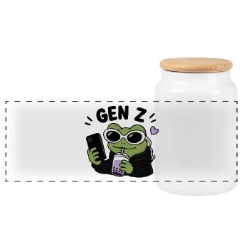 Grenouille de la génération Z avec une esthétique de mème drôle à la Boba Kawaii - Boîte à biscuits avec couvercle en bois - blanc - Devant