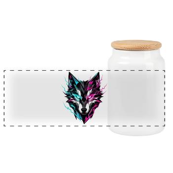 Wolf Head Neon - Panoramic Cookie Jar with Wooden Lid - white - Front