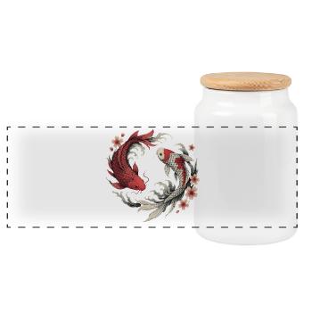 Koi Fish Harmony - Panoramic Cookie Jar with Wooden Lid - white - Front