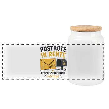 Postbote in Rente – Lustiger Ruhestand Spruch Art - Panorama Keksdose mit Holzdeckel - Weiß - Vorne