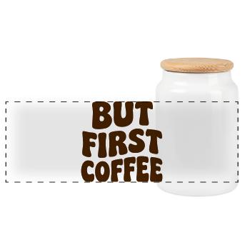 But First Coffee Lettering - Panoramic Cookie Jar with Wooden Lid - white - Front