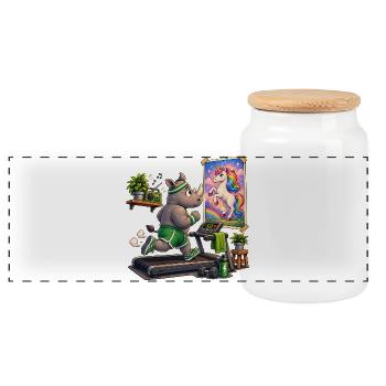 Rhino on treadmill in front of unicorn picture - Panoramic Cookie Jar with Wooden Lid - white - Front