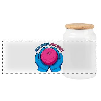Blue Hands and Pink Fruit – Pop Art - Panoramic Cookie Jar with Wooden Lid - white - Front