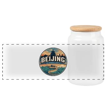 Retro Beijing Great Wall Travel Badge - Panoramic Cookie Jar with Wooden Lid - white - Front