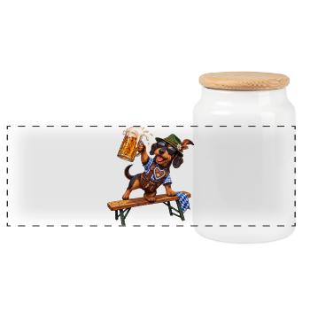 Funny dachshund with beer in Bavarian costume - Panoramic Cookie Jar with Wooden Lid - white - Front