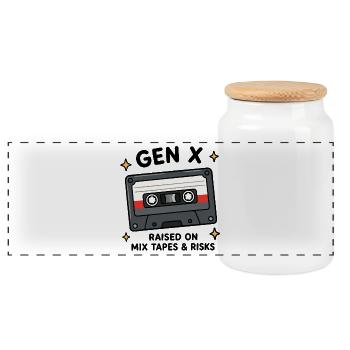 Gen X aufgewachsen mit Mixtapes und Risiken Retro Cassette Ta - Panorama Keksdose mit Holzdeckel - Weiß - Vorne