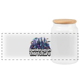 I wake up in the future - Neon Cyberpunk City - Panoramic Cookie Jar with Wooden Lid - white - Front