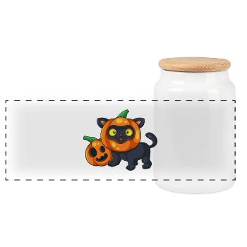 Cute Halloween Cat Pumpkin - Panoramic Cookie Jar with Wooden Lid - white - Front