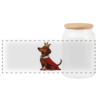 Proud Dachshund with Crown – Royal Dog - Panoramic Cookie Jar with Wooden Lid - white - Front