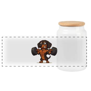 Fitness dachshund – powerhouse in the gym - Panoramic Cookie Jar with Wooden Lid - white - Front