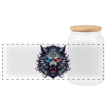 Neon Dual Eyed Wolf - Panoramic Cookie Jar with Wooden Lid - white - Front