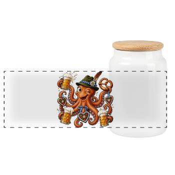 Poulpe avec bière, bretzel et cœurs en pain d’épices - Boîte à biscuits avec couvercle en bois - blanc - Devant