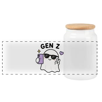 Gen Z Kawaii Ghost Selfie Cool Sunglasses Spooky  - Panoramic Cookie Jar with Wooden Lid - white - Front