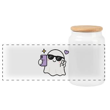 Gen Z Kawaii Ghost Selfie Cool Sunglasses Spooky C - Panoramic Cookie Jar with Wooden Lid - white - Front