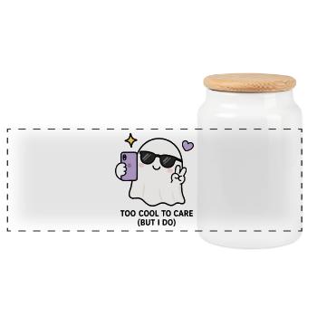 Gen Z Too Cool To Care Kawaii Ghost Selfie Funny S - Panoramic Cookie Jar with Wooden Lid - white - Front