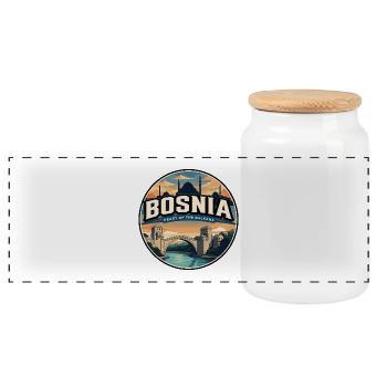 Retro Bosnia Mostar Stari Most Badge - Panoramic Cookie Jar with Wooden Lid - white - Front