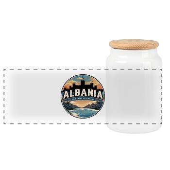Retro Albania Ksamil Islands Badge - Panoramic Cookie Jar with Wooden Lid - white - Front