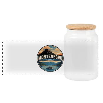 Retro Montenegro Bay of Kotor Badge - Panoramic Cookie Jar with Wooden Lid - white - Front