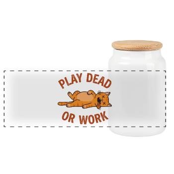 "Play Dead or Work" - Cat Funny - Panoramic Cookie Jar with Wooden Lid - white - Front