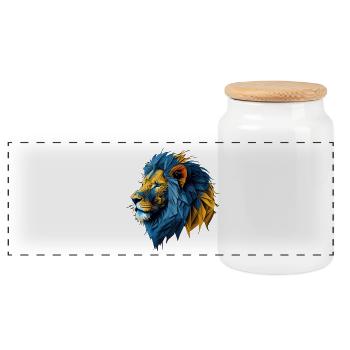 Blue-Gold Polygon Lion - Panoramic Cookie Jar with Wooden Lid - white - Front