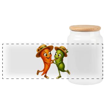 Dancing carrot and bean - Panoramic Cookie Jar with Wooden Lid - white - Front