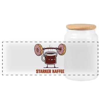 Starker Kaffee - Kaffee & Donuts Fitness - Panorama Keksdose mit Holzdeckel - Weiß - Vorne