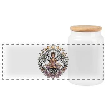 Yoga Woman Tree of Life Lotus Moon Phases - Atma Boho - Panoramic Cookie Jar with Wooden Lid - white - Front