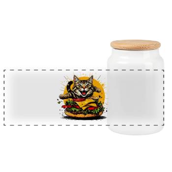 Katze mit großem Burger – Lustiges Fast Food Art - Panorama Keksdose mit Holzdeckel - Weiß - Vorne