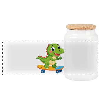 Little Green Dino on Skateboard – Skater Fun - Panoramic Cookie Jar with Wooden Lid - white - Front