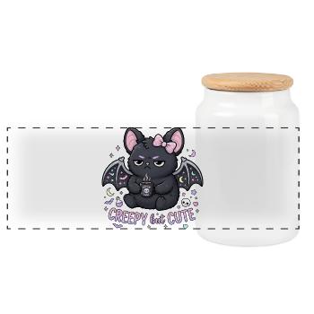 Chat effrayant à la caféine avec des ailes - Boîte à biscuits avec couvercle en bois - blanc - Devant