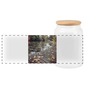 Herbstpfad am Wasser - Panorama Keksdose mit Holzdeckel - Weiß - Vorne