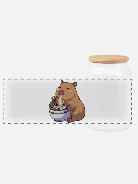 Kawaii Capybara Ramen essen - Panorama Keksdose mit Holzdeckel - Weiß