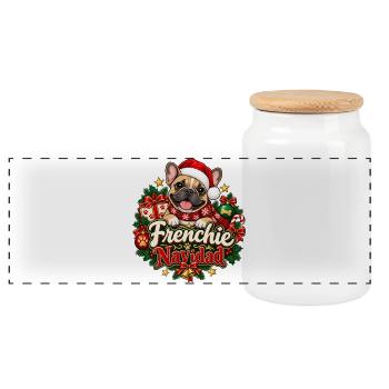 Frenchie Navidad – Weihnachtsgeschenk Hund - Panorama Keksdose mit Holzdeckel - Weiß - Vorne