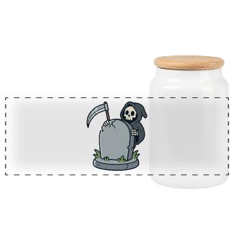 Cartoon-Sensenmann hinter einem Grabstein - Panorama Keksdose mit Holzdeckel - Weiß - Vorne